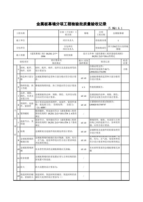 金属板幕墙分项工程检验批质量验收记录MQ 