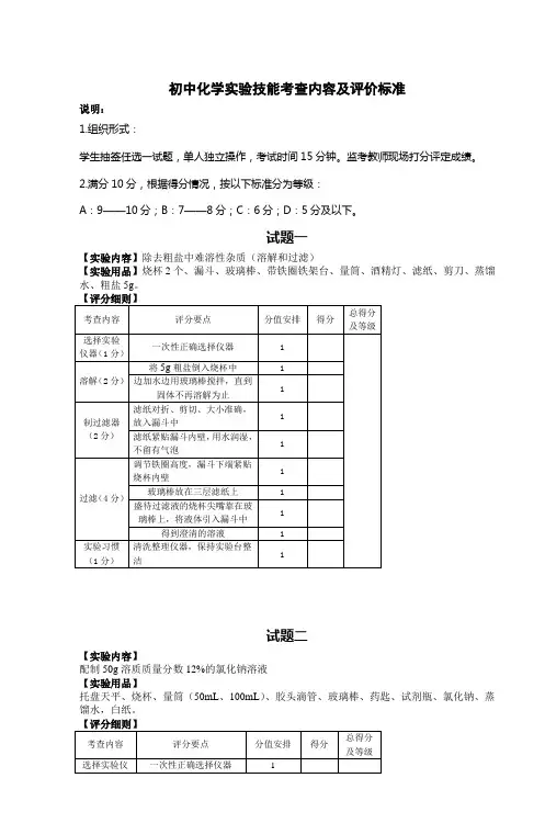 初中化学实验技能考查内容及评价标准