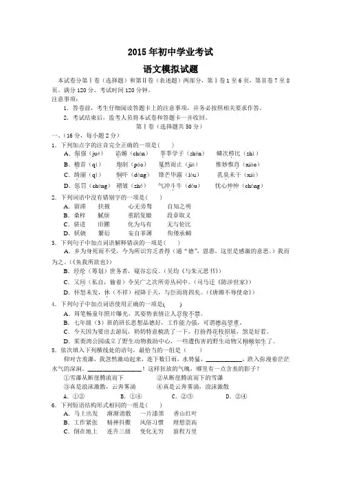山东省新泰市2015届初中学业考试模拟语文试题