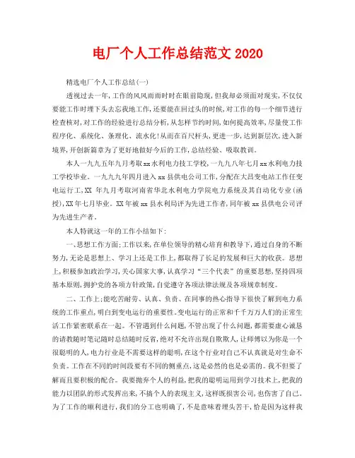电厂个人工作总结范文2020
