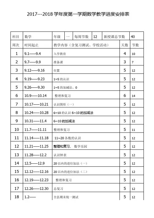 一年级上数学教学进度表
