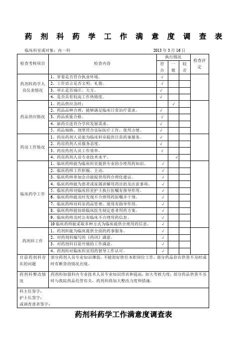 药剂科工作满意度调查表