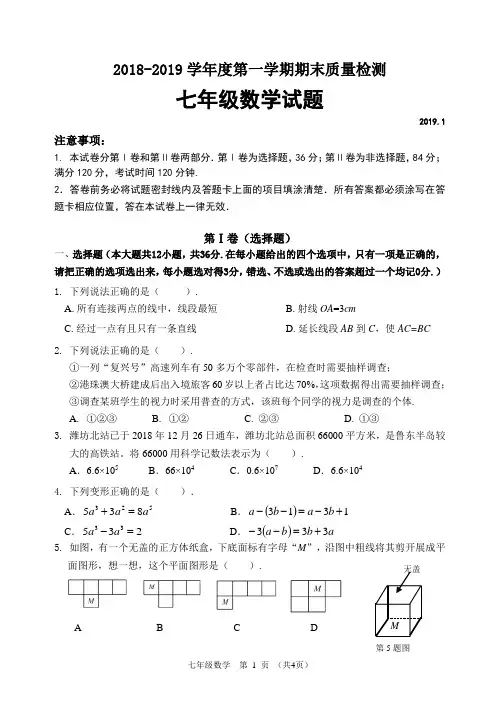 2018-2019学年度第一学期期末七年级数学试题2019.1