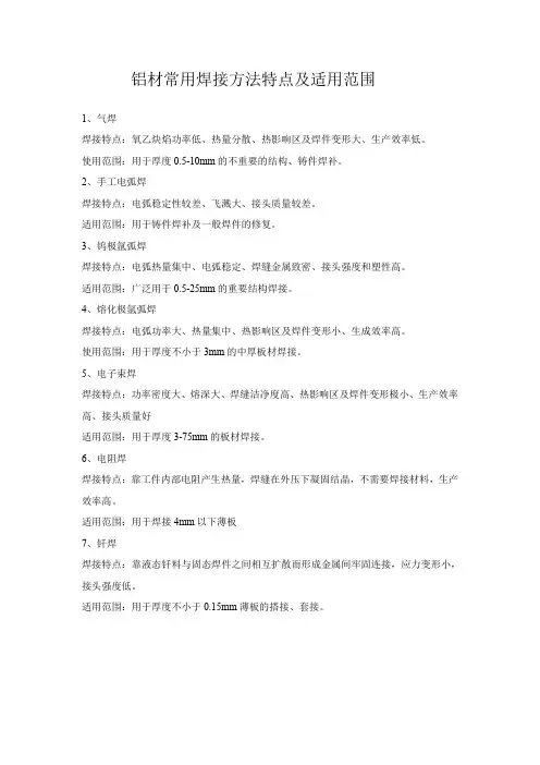 铝材常用焊接方法特点及适用范围