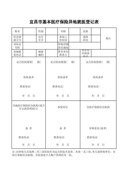 宜昌市基本医疗保险异地就医登记表