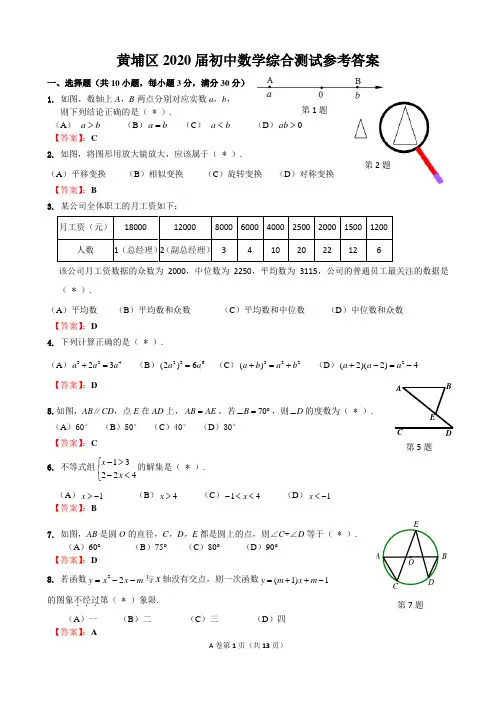 2020年广东省广州市黄埔区初中数学综合测试(一模)(试题+答案)