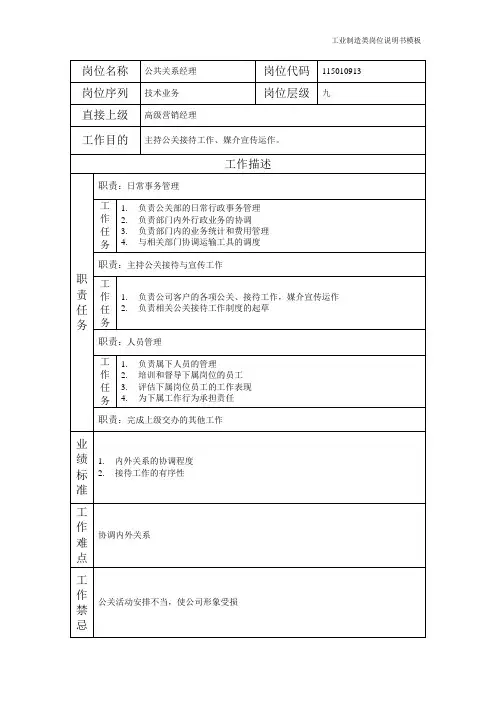 岗位说明书公共关系经理