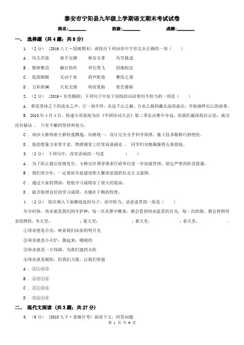 泰安市宁阳县九年级上学期语文期末考试试卷