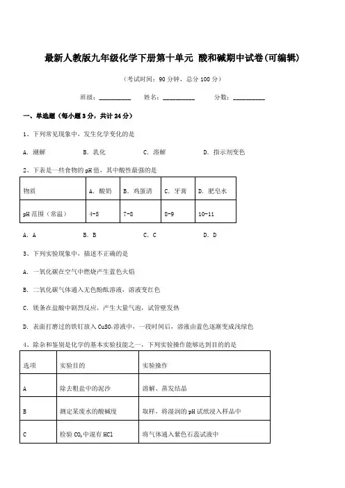 2020-2021学年最新人教版九年级化学下册第十单元 酸和碱期中试卷(可编辑)