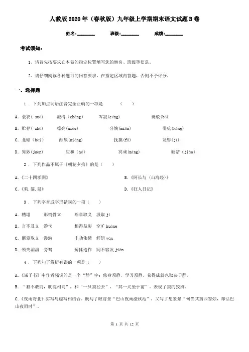 人教版2020年(春秋版)九年级上学期期末语文试题B卷