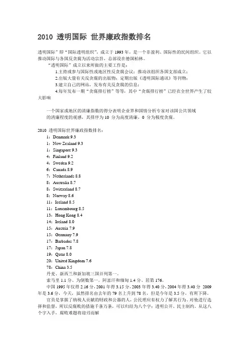2010 透明国际 世界廉政指数排名