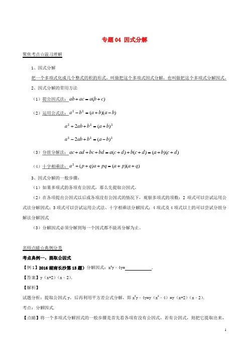 2017年中考数学黄金知识点系列专题04因式分解