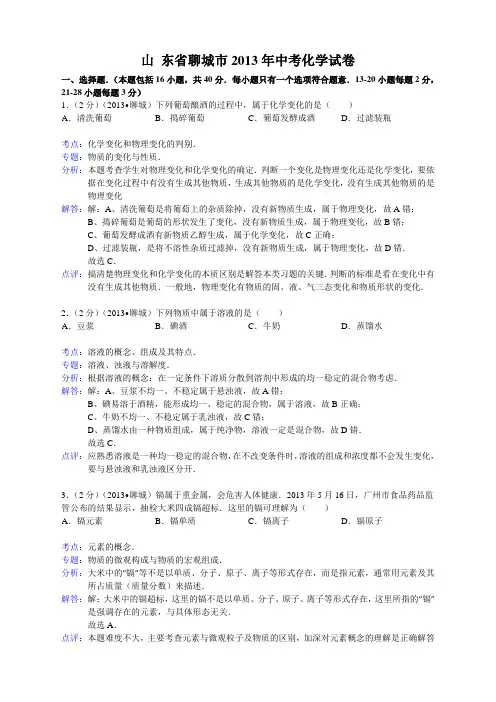 山东省聊城市2013年中考化学试题(word版,含解析)