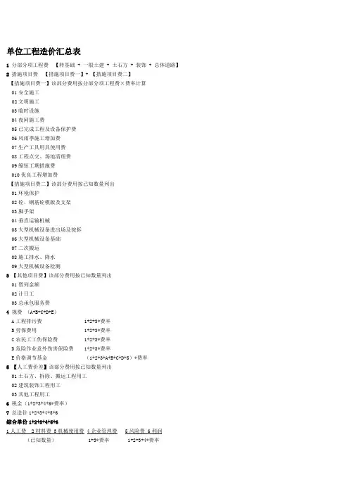 单位工程造价计算方式汇总表