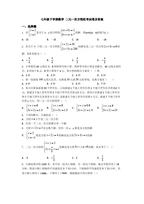 七年级下学期数学 二元一次方程组考试卷及答案