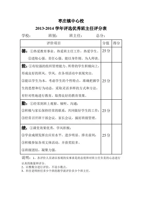 完整word版,优秀班主任评分表
