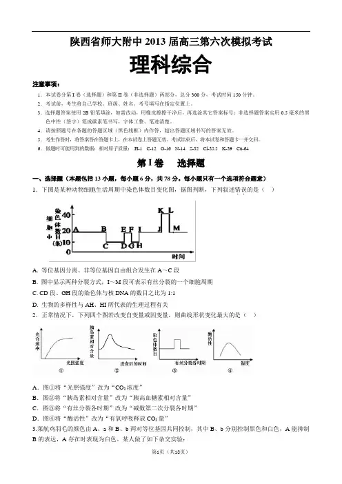 陕西省师大附中2013届高三第六次模拟考试理科综合