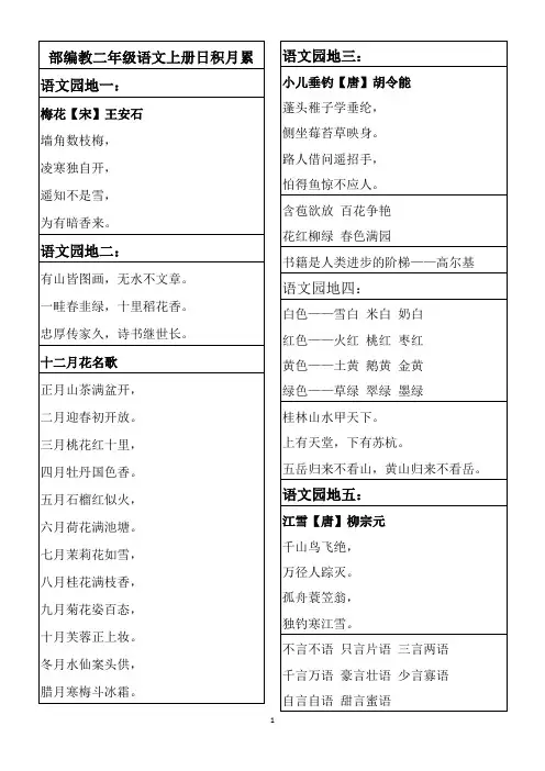 部编版小学二年级语文上册日积月累及课文古诗和课后要背知识点