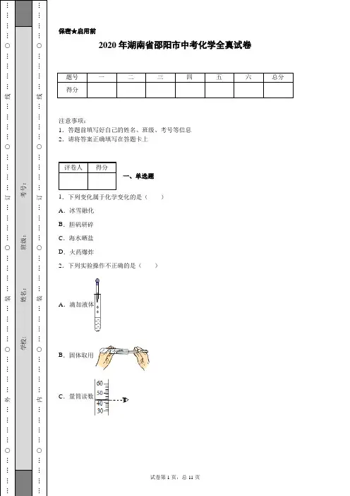 2020年湖南省邵阳市中考化学试卷(含详细解析)