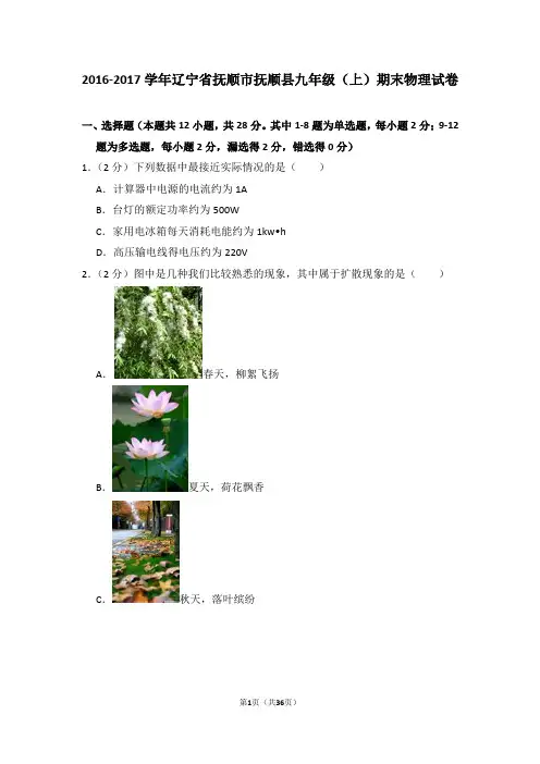 2016-2017学年辽宁省抚顺市抚顺县九年级(上)期末物理试卷(解析版)