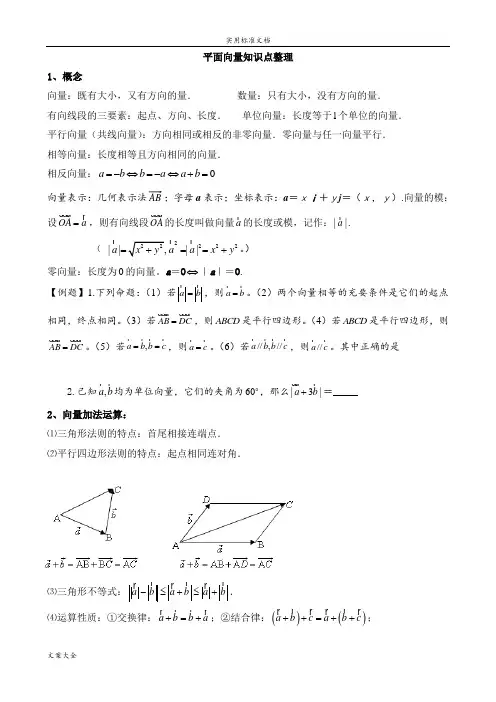 必修四平面向量知识点整理+例题+练习+问题详解