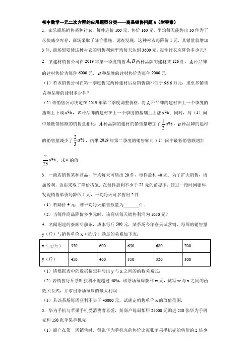 初中数学一元二次方程的应用题型分类——商品销售问题A(附答案)