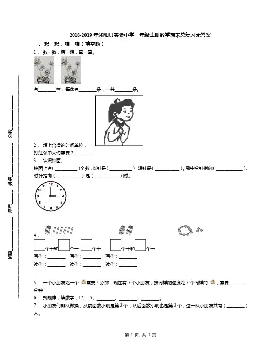 2018-2019年沭阳县实验小学一年级上册数学期末总复习无答案
