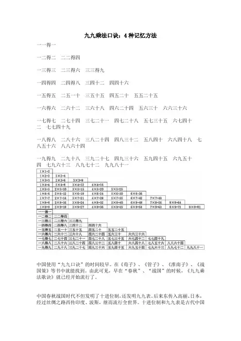 九九乘法口诀：4种记忆方法