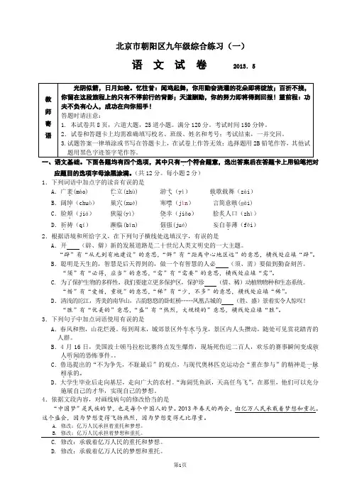 2013年北京市朝阳区初三一模语文试题及答案