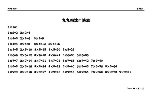 九九乘法口诀表(word打印版)
