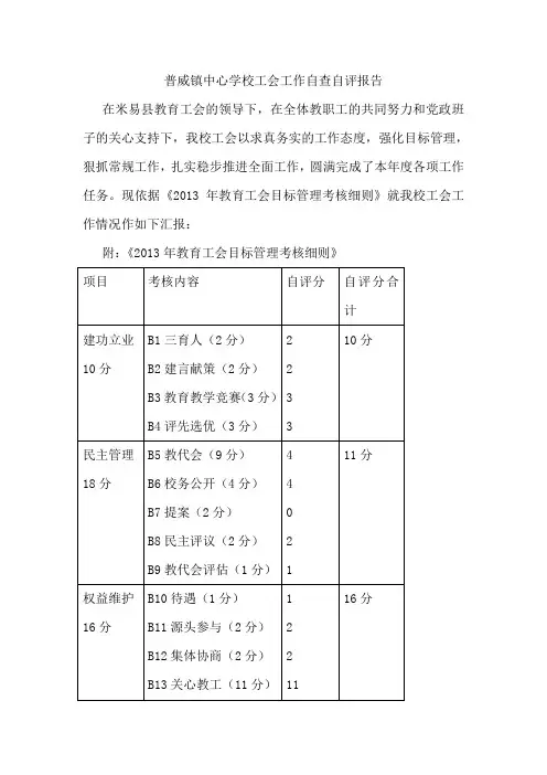 普威镇中心学校工会工作自查自评报告