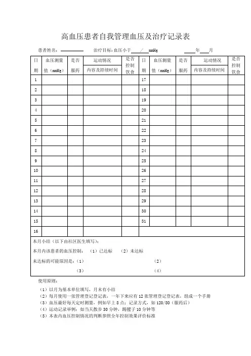 高血压患者自我管理血压记录表