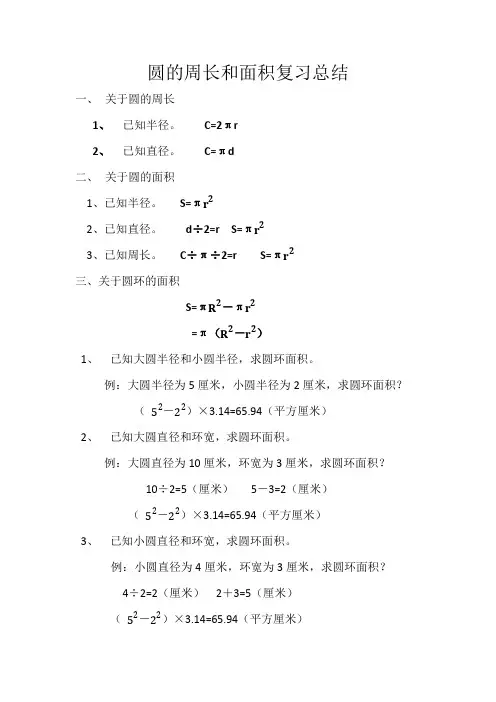 (冀教版)圆的周长和面积  知识点总结