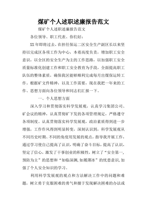 煤矿个人述职述廉报告范文