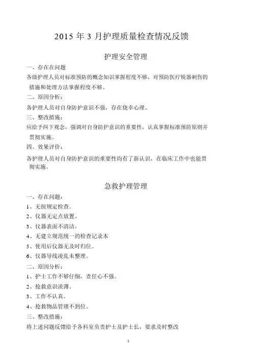 2015年3月护理质量检查情况反馈剖析