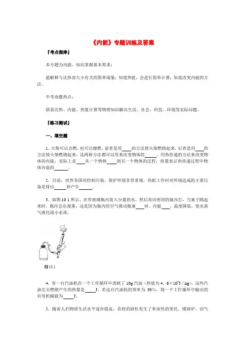 九年级物理全册《内能》专题训练及答案人教版