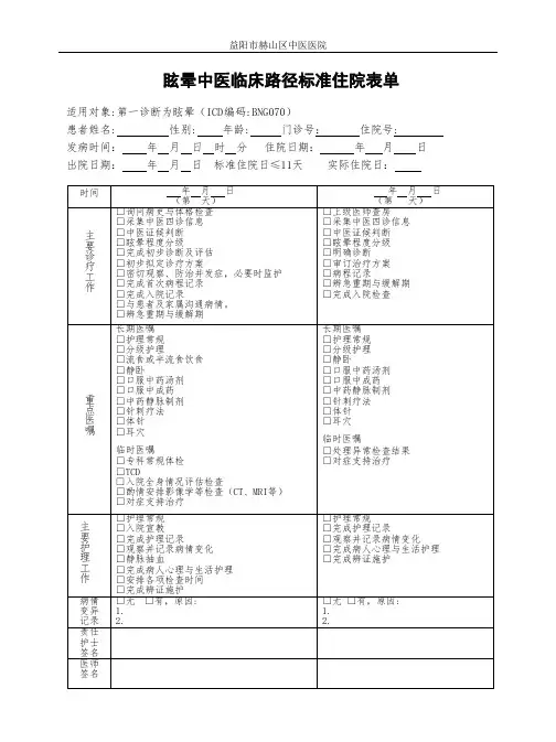 眩晕中医临床路径住院表单