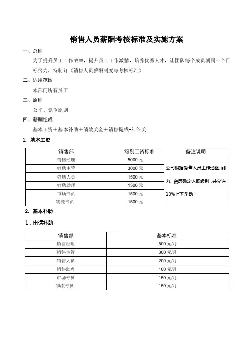 销售人员薪酬考核标准及实施方案