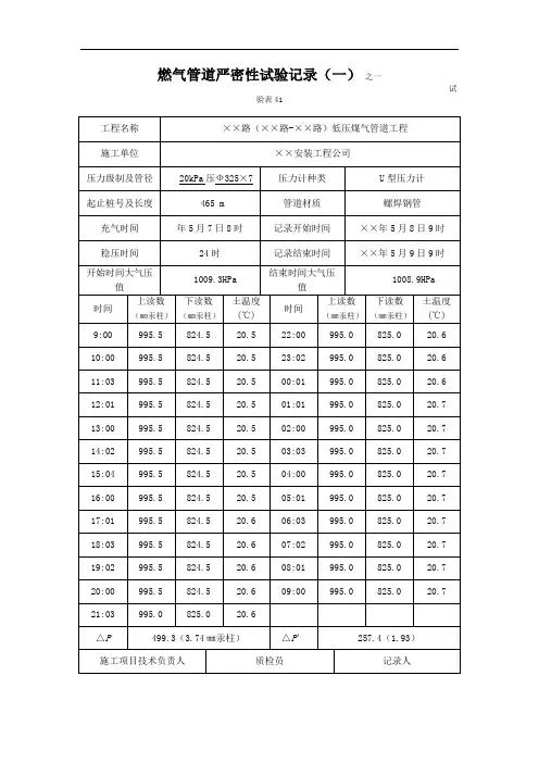 燃气管道严密性试验记录
