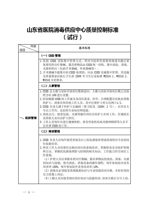 山东省医院消毒供应中心质量控制标准鲁卫医发〔2013〕5号标准