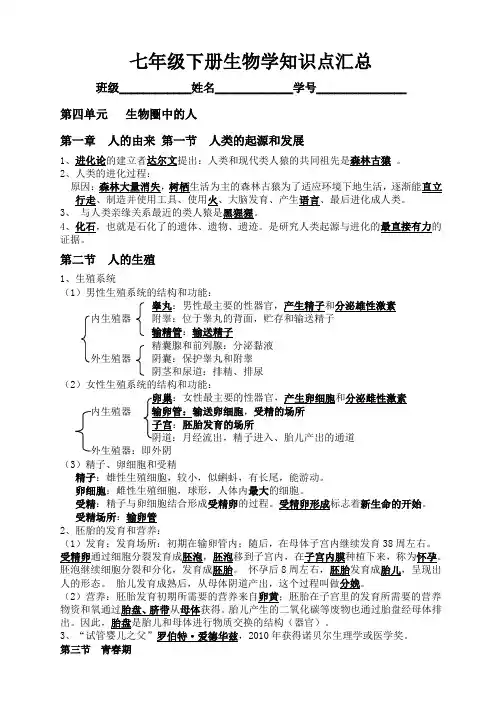 人教版七年级下册生物学知识点总结汇总