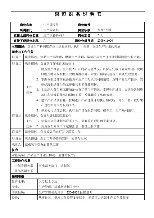 生产调度员岗位说明书