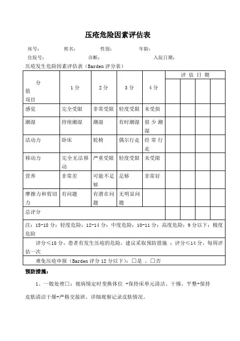 压疮危险因素评估表