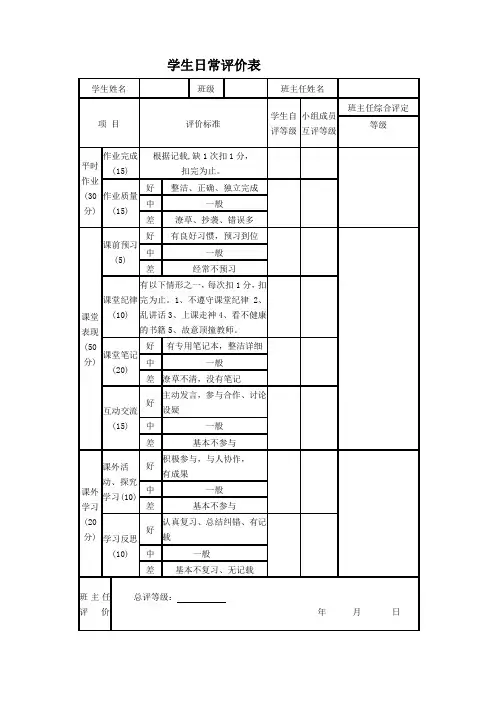 学生日常评价表格