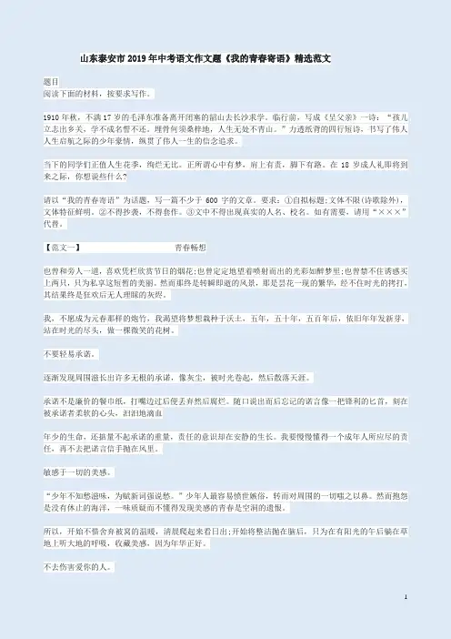山东泰安市2019年中考语文作文题《我的青春寄语》精选范文