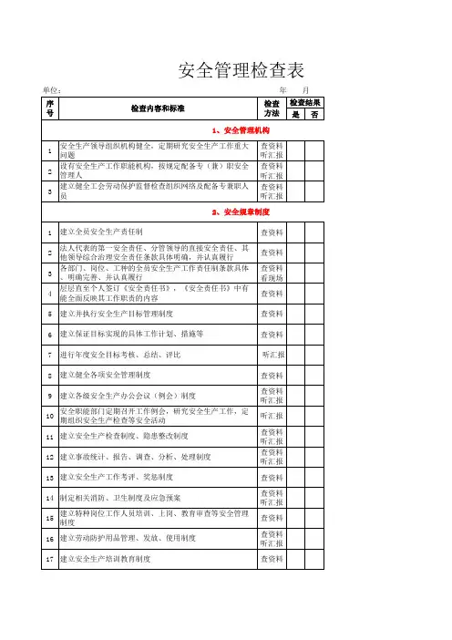 安全检查表 Microsoft Excel 工作表