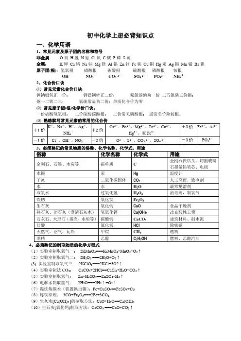 苏教版化学九年级上册知识点总结-全