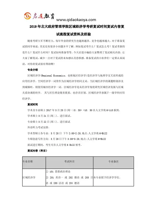2019年北大政府管理学院区域经济学考研复试时间复试内容复试流程复试资料及经验