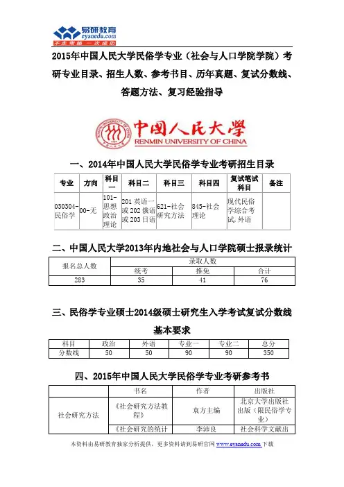 2015中国人民大学民俗学专业(社会与人口学院学院)考研专业目录招生人数参考书目历年真题复试分数线
