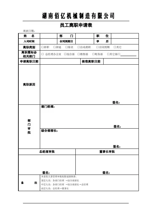 员工离职申请表格式